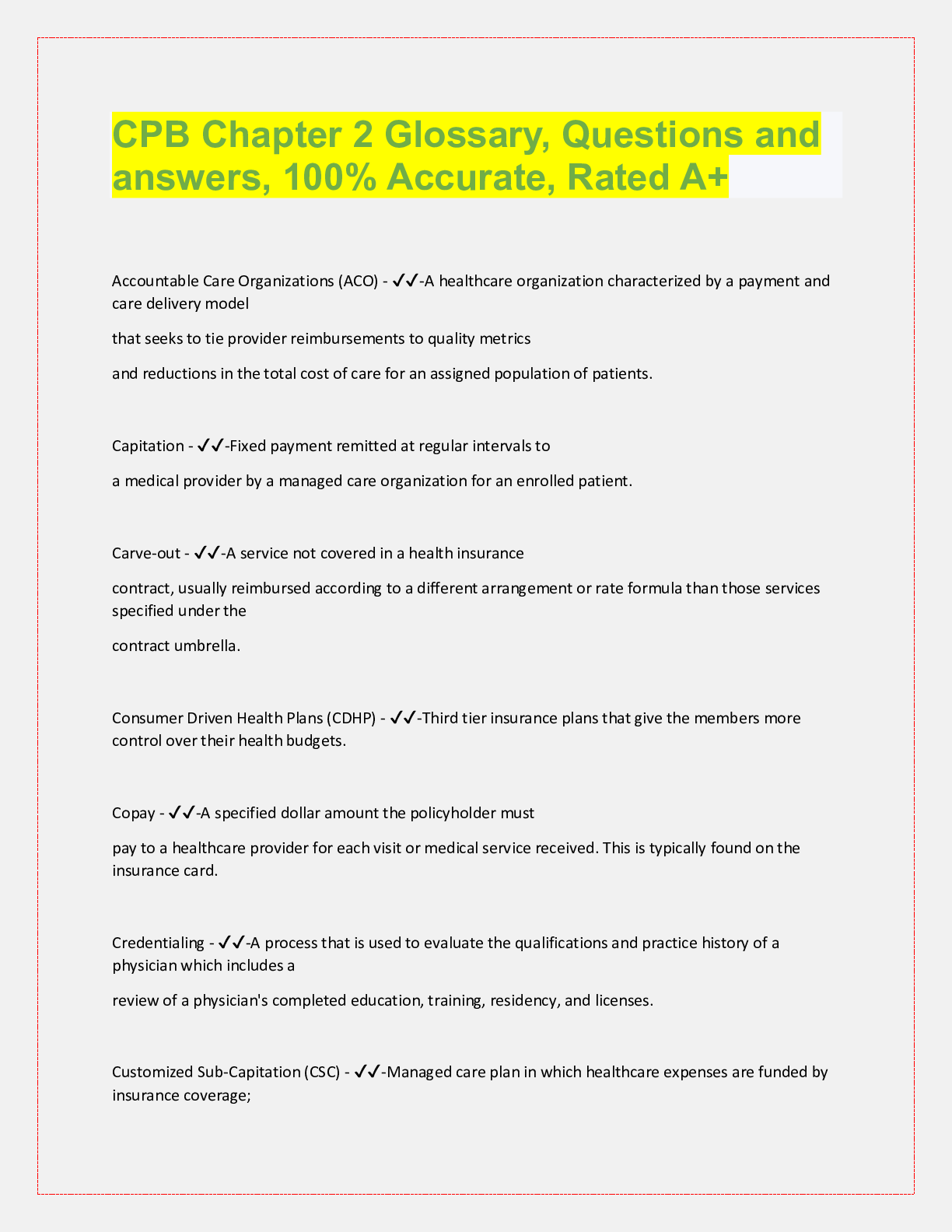 Preview image for CPB Chapter 2 Glossary, Questions and  answers, 100% Accurate, Rated A+
